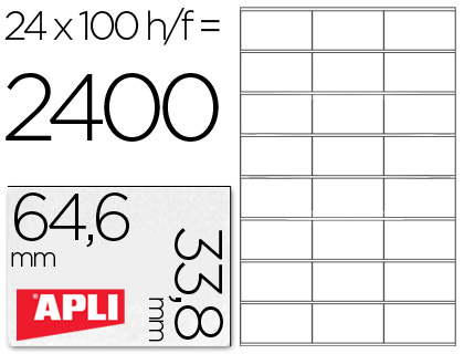 CJ100 hojas A4 2400 etiquetas adhesivas Apli 01263 64,6x33,8mm. ILC